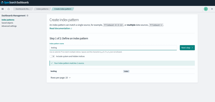 Opensearch Dashboards - Create index pattern